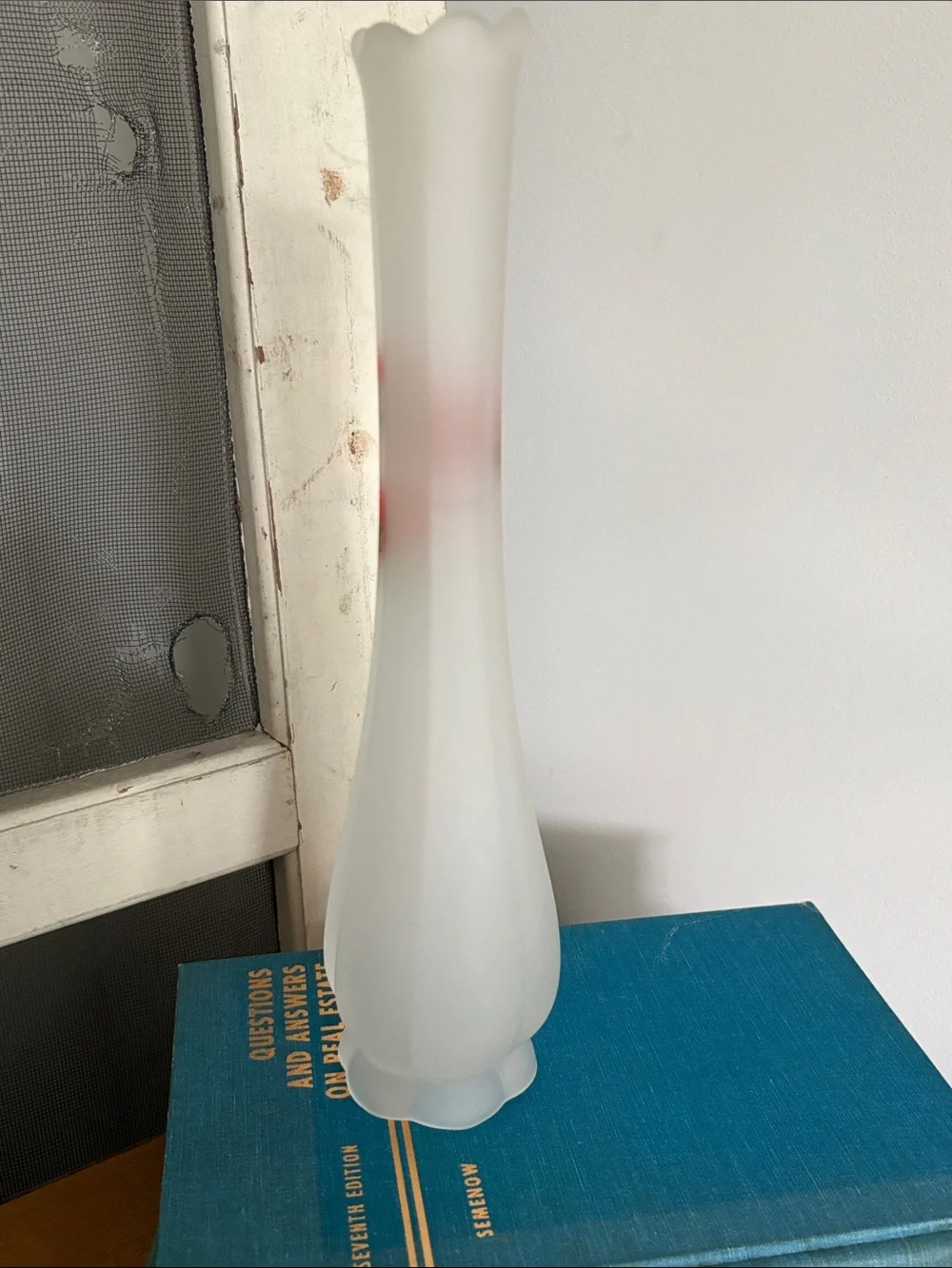 Frosted White Bud Vase with Hand-Painted Red Floral Detail